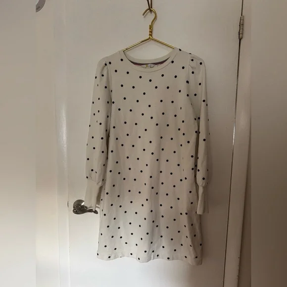 Boden Romona Sweatshirt Dress Size 10 White With Navy Polka Dots